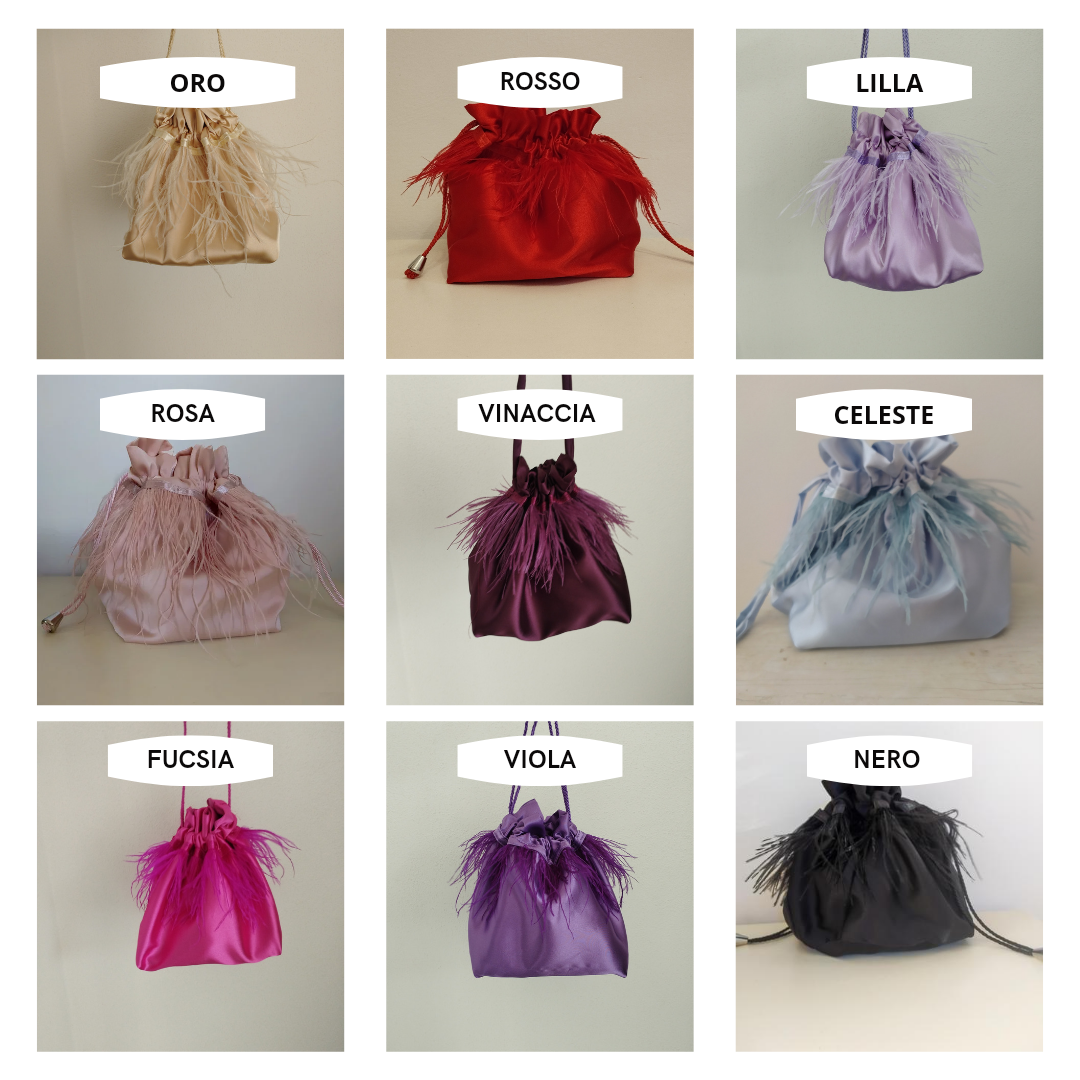 Borsa a sacchetto con base con piume